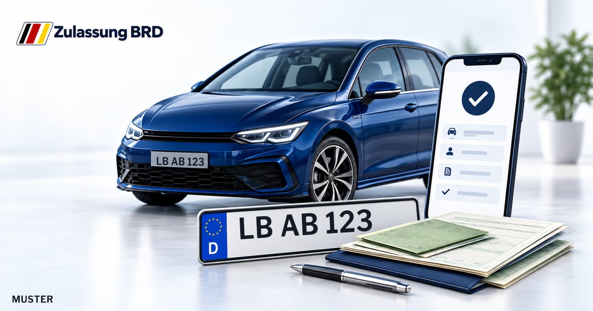 Online Fahrzeugzulassung in Steinheim an der Murr: Musterkennzeichen LB AB 123, Auto und Fahrzeugpapiere und Smartphone. Illustration mit Logo von Zulassung BRD.
